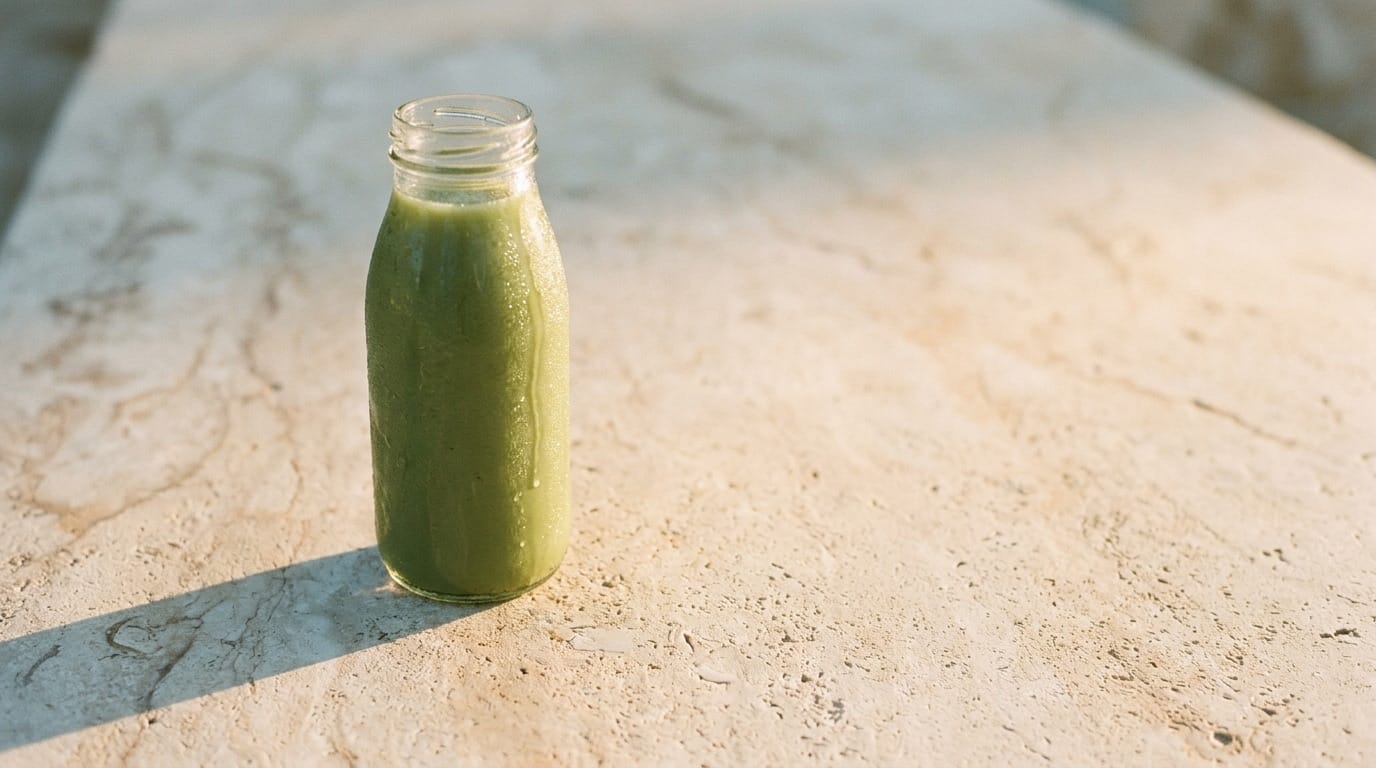 A single sage-green bottle with negative space