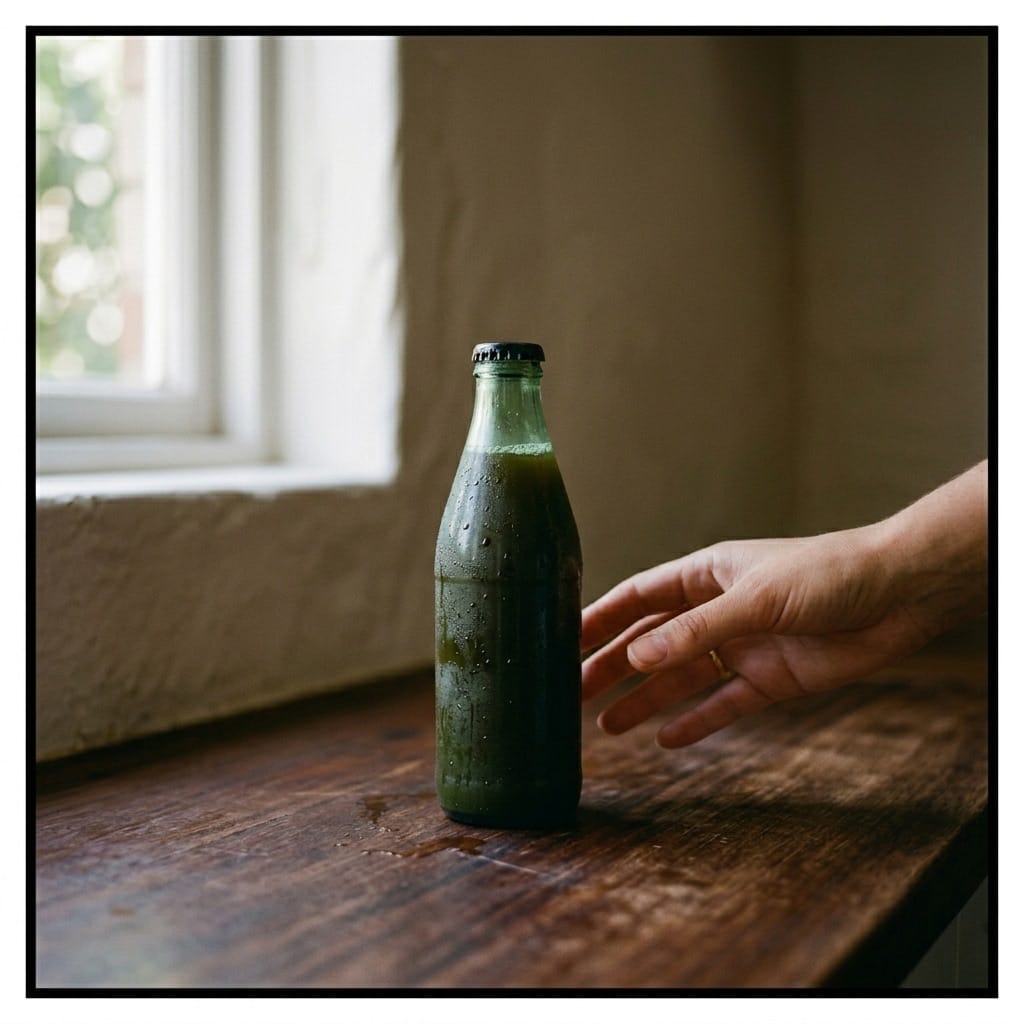 Cold-pressed bottle on kitchen counter, morning light