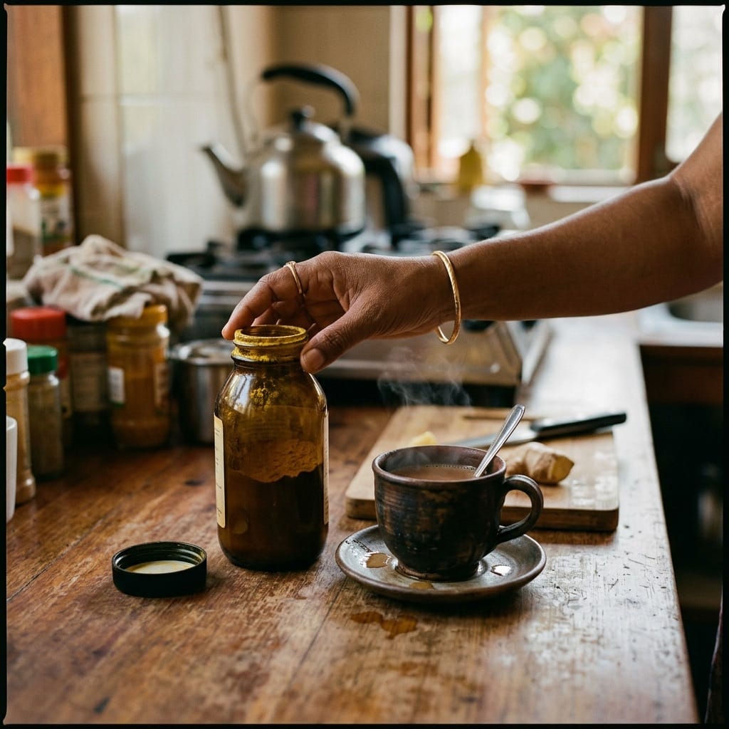 Person reaching for cold-pressed bottle on kitchen counter