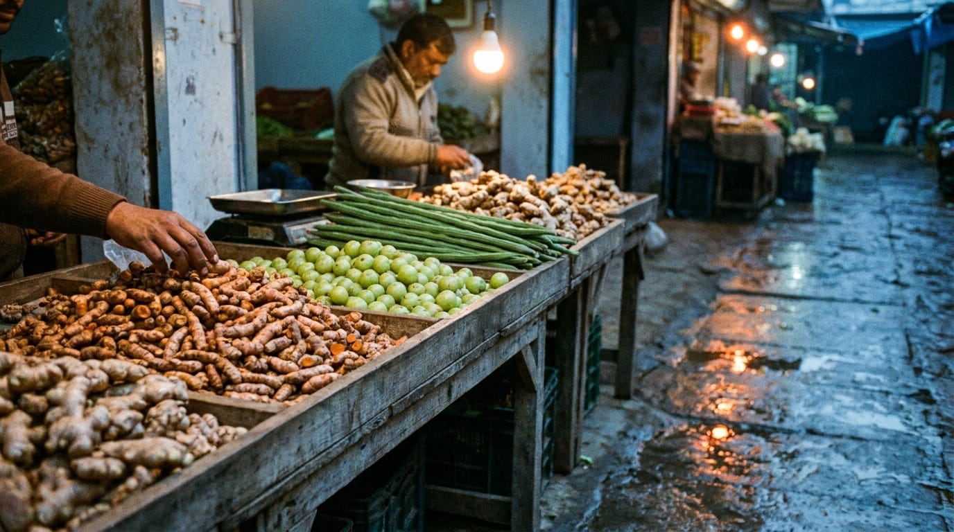 Fresh turmeric and produce on production surface
