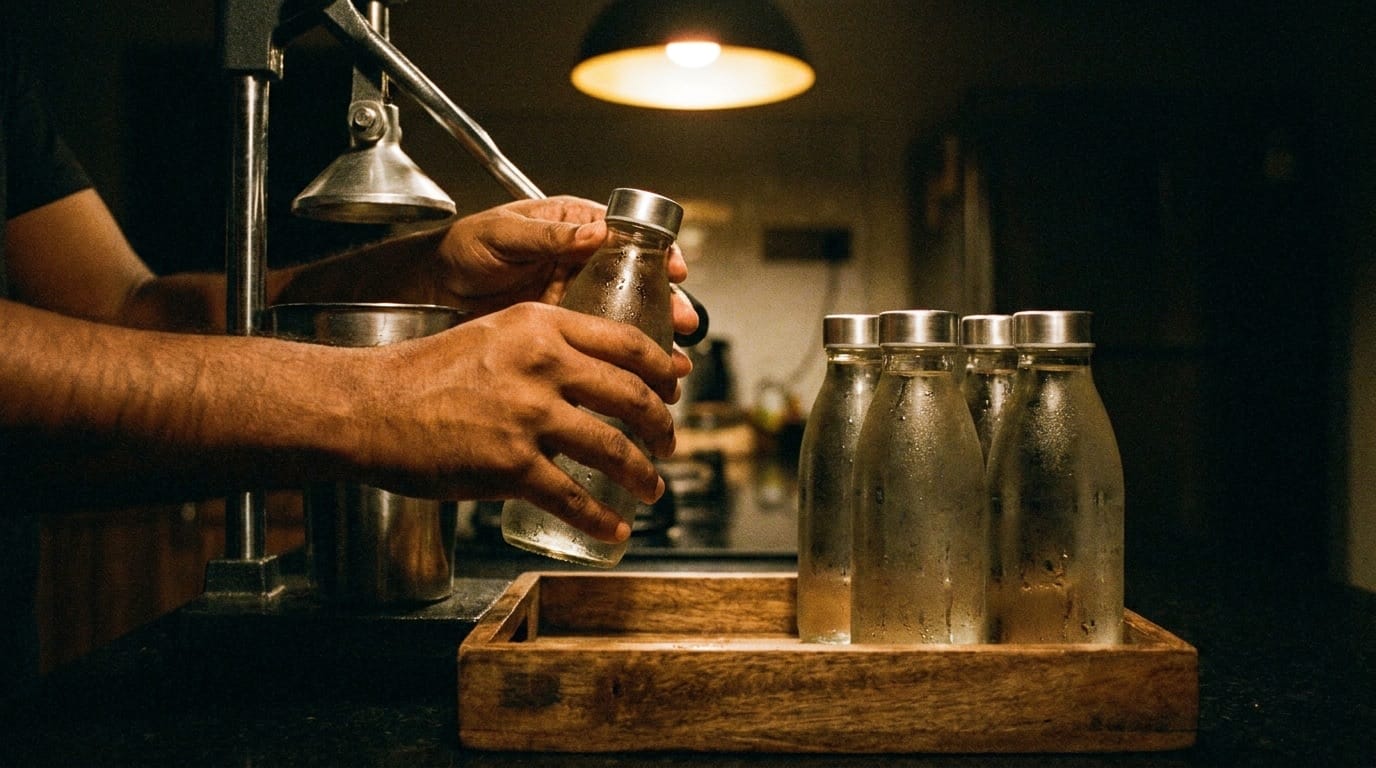 Cold-press in operation in production kitchen at 4 AM